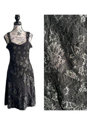 Vintage 90s Y2K Terra Nostra Black Silver Lace Slip Dress Size Large (12)